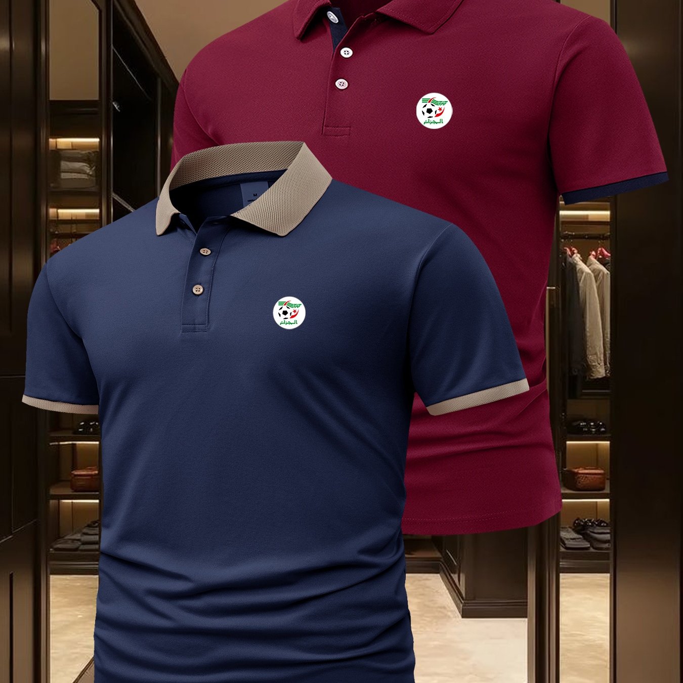 2pcs Men's Algerian Football Team Logo Shirts - Breathable Quick-Dry Moisture-Wicking, Contrast Trim Casual & Business Casual Short Sleeve Tops for Golf, Outdoor, Summer (Light Beige & Dark Grey), Outdoor Golf Apparel, Moistu