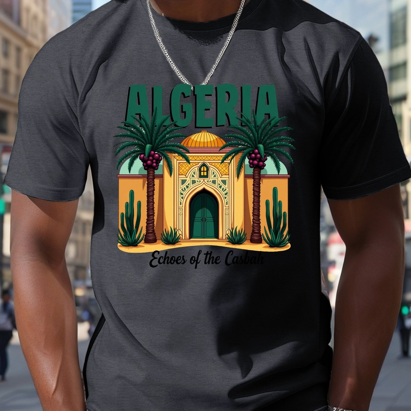 Men's Algeria Casbah Mosaic Architecture Print T-Shirt - Vibrant Geometric Cultural Design, Breathable Short Sleeve Summer Tee, Regular Fit Casual Top, Machine Washable, Streetwear Fashion, Artistic Tee, Durable Construction,