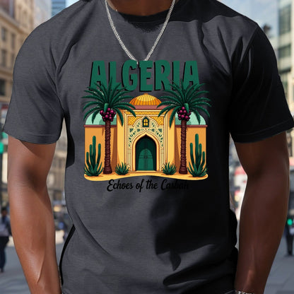 Men's Algeria Casbah Mosaic Architecture Print T-Shirt - Vibrant Geometric Cultural Design, Breathable Short Sleeve Summer Tee, Regular Fit Casual Top, Machine Washable, Streetwear Fashion, Artistic Tee, Durable Construction,