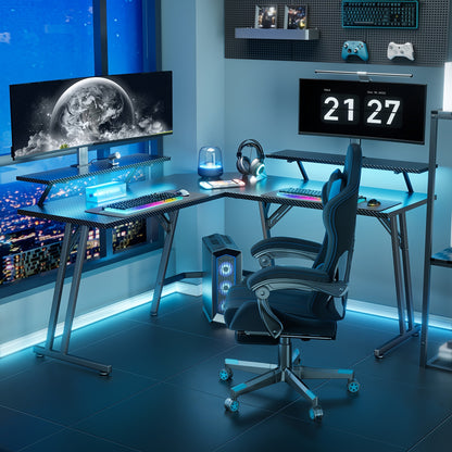HLONONE 51-inch (130x130cm) Large L-Shaped Gaming Desk with RGB LED Lighting, USB-Powered Corner Computer Desk with Monitor Stand, Spacious Workstation for PC, Office & Study, Easy Assembly, Sturdy Hardwood-like Construction,