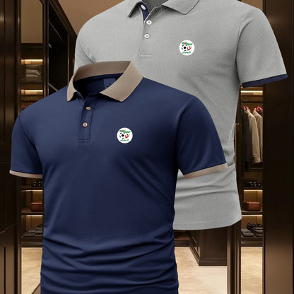 2pcs Men's Algerian Football Team Logo Shirts - Breathable Quick-Dry Moisture-Wicking, Contrast Trim Casual & Business Casual Short Sleeve Tops for Golf, Outdoor, Summer (Light Beige & Dark Grey), Outdoor Golf Apparel, Moistu