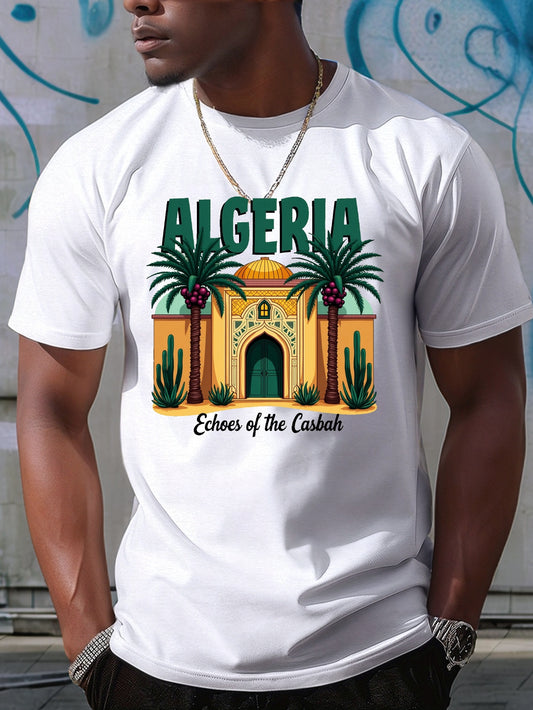 Men's Algeria Casbah Mosaic Architecture Print T-Shirt - Vibrant Geometric Cultural Design, Breathable Short Sleeve Summer Tee, Regular Fit Casual Top, Machine Washable, Streetwear Fashion, Artistic Tee, Durable Construction,