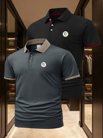 2pcs Men's Algerian Football Team Logo Shirts - Breathable Quick-Dry Moisture-Wicking, Contrast Trim Casual & Business Casual Short Sleeve Tops for Golf, Outdoor, Summer (Light Beige & Dark Grey), Outdoor Golf Apparel, Moistu