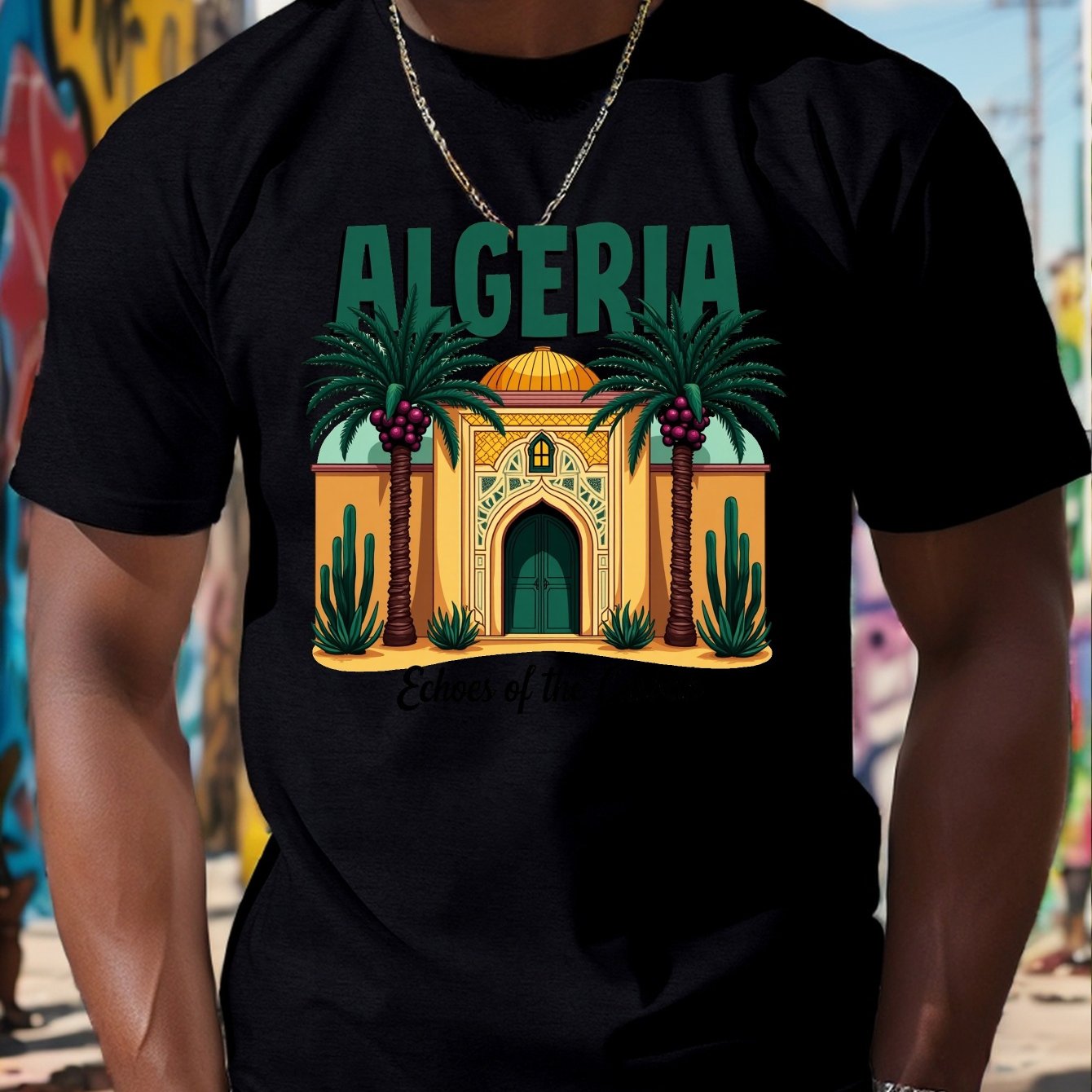Men's Algeria Casbah Mosaic Architecture Print T-Shirt - Vibrant Geometric Cultural Design, Breathable Short Sleeve Summer Tee, Regular Fit Casual Top, Machine Washable, Streetwear Fashion, Artistic Tee, Durable Construction,