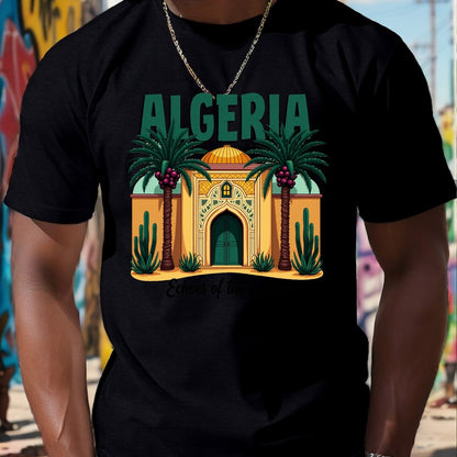 Men's Algeria Casbah Mosaic Architecture Print T-Shirt - Vibrant Geometric Cultural Design, Breathable Short Sleeve Summer Tee, Regular Fit Casual Top, Machine Washable, Streetwear Fashion, Artistic Tee, Durable Construction,