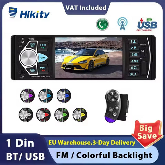 Hikity 4.1 ''autoradio 1Din Audio stéréo voiture lecteur MP5 récepteur FM Bluetooth volant télécommande Support TF carte Cam
