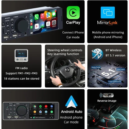 Autoradio CarPlay, Bluetooth, Android Auto, Lecteur MP5, Mains Libres, A2DP, USB, Stéréo, Système Audio, Limitation, Unité Principale, F7805C, 1 Din, 4"