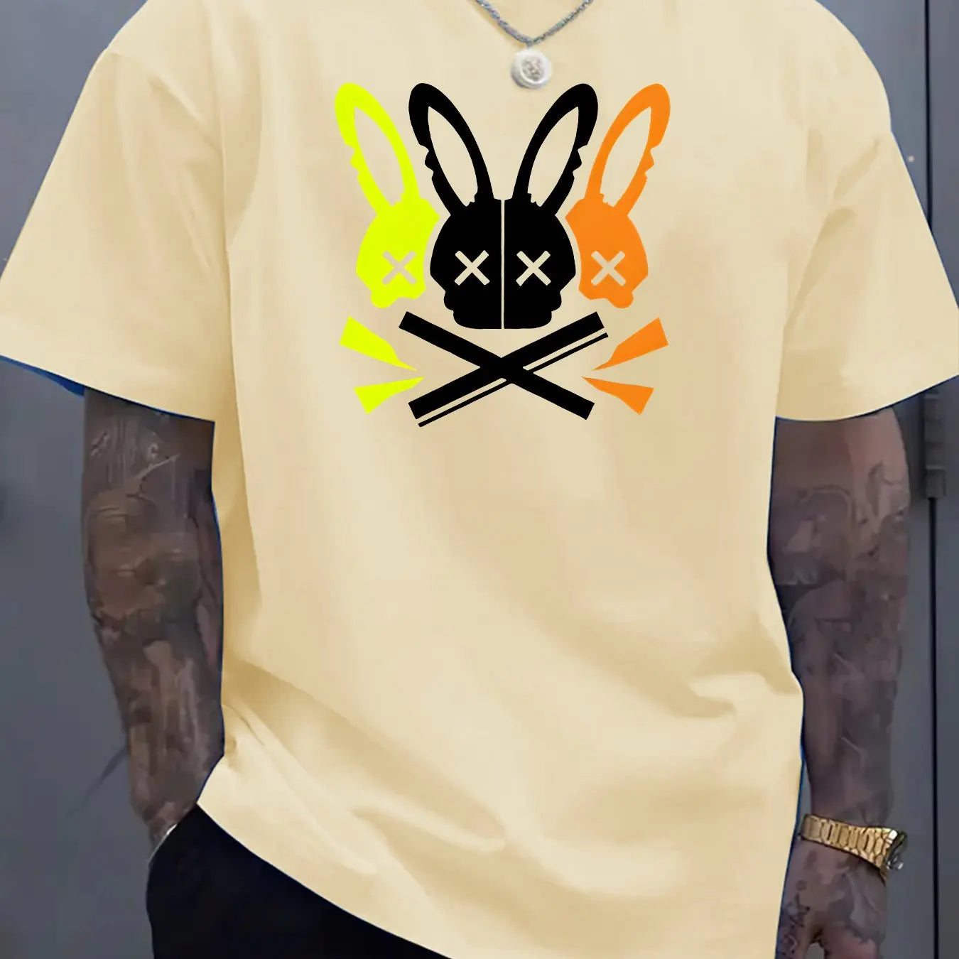 Hommes 100% coton été coupe ample grand lapin crâne graphique imprimé coupe ajustée sport décontracté col rond à manches courtes T-shirt