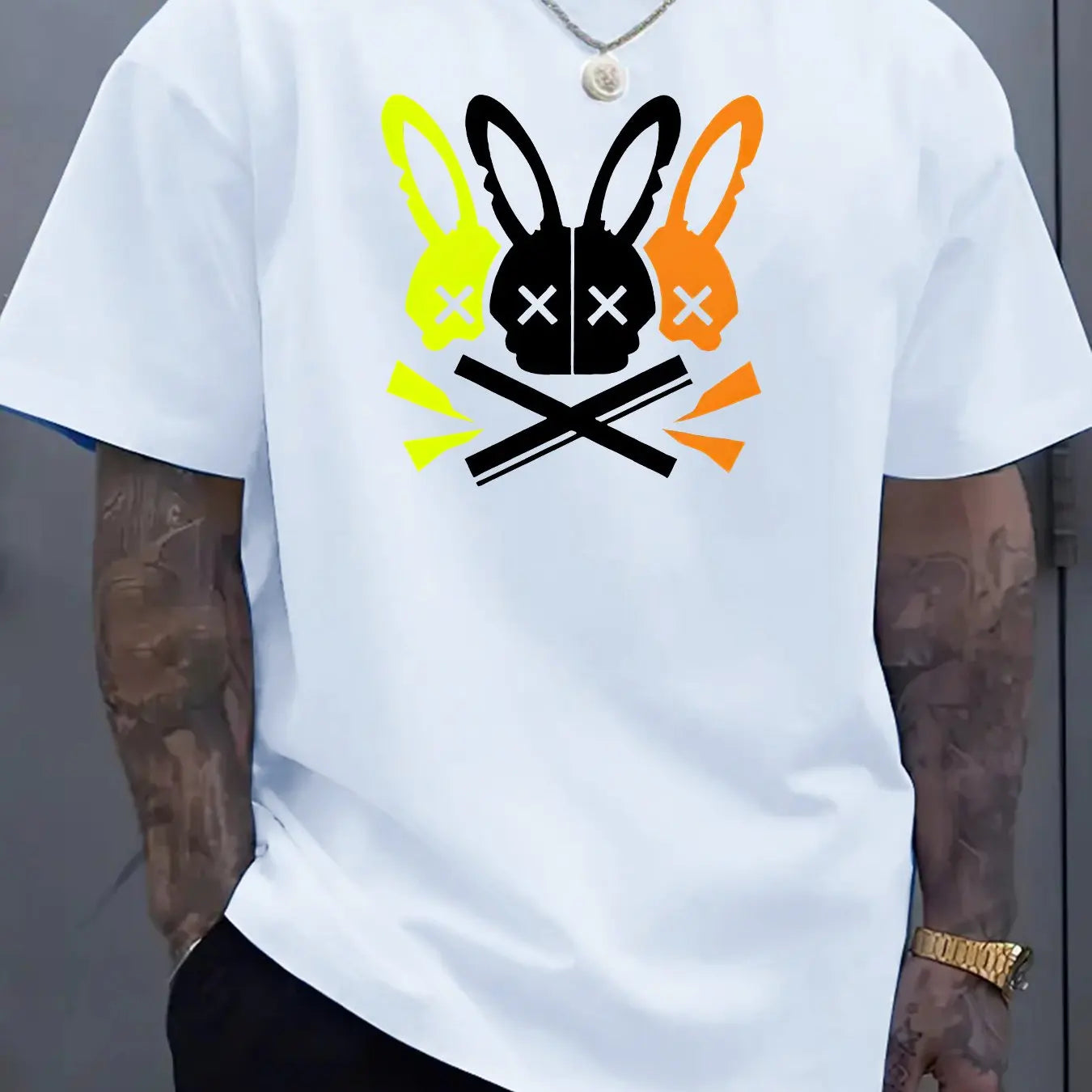 Hommes 100% coton été coupe ample grand lapin crâne graphique imprimé coupe ajustée sport décontracté col rond à manches courtes T-shirt
