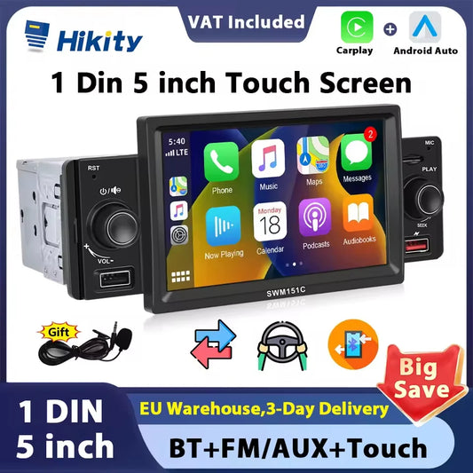 Hikity-Autoradio universel 1 Din, Carplay, Lecteur MP5, Auto Stéréo, Audio Bluetooth, Touriste, USB, Toyota, Nissan, KIA