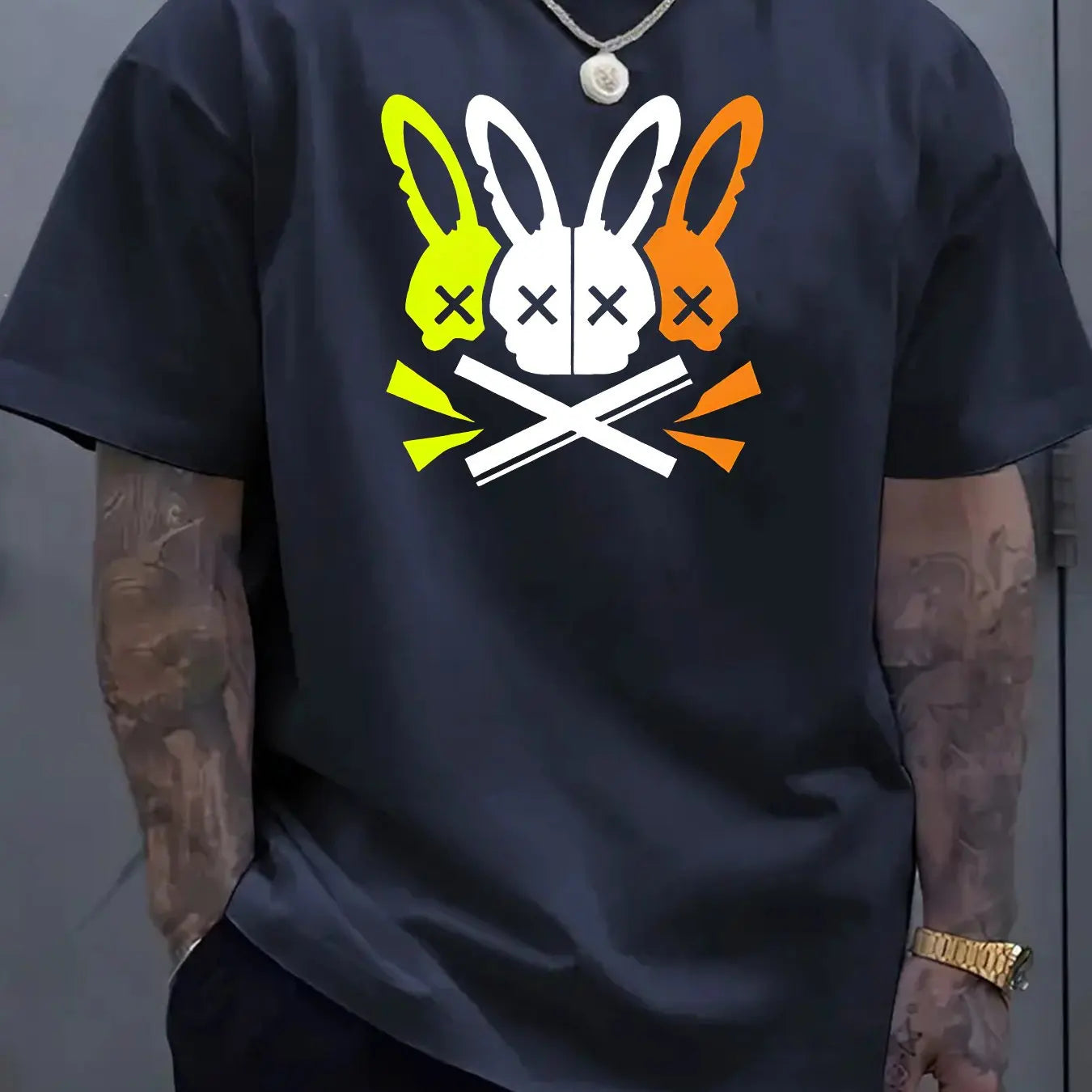 Hommes 100% coton été coupe ample grand lapin crâne graphique imprimé coupe ajustée sport décontracté col rond à manches courtes T-shirt