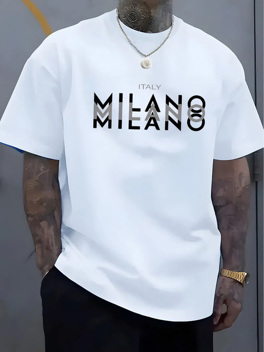 Été hommes 100% pur coton décontracté coupe ample grande taille italie MILANO imprimé confortable col rond à manches courtes T-shirt haut