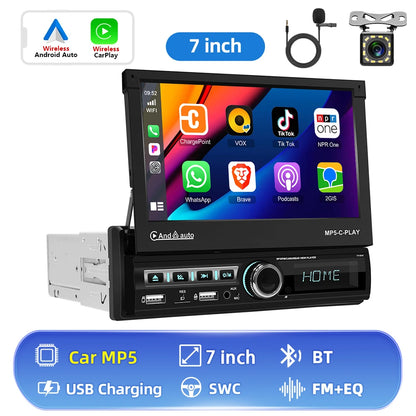 Hikity 7 "écran rétractable motorisé 1DIN Android autoradio lecteur multimédia double Port USB Carplay 1din Autoradio FM