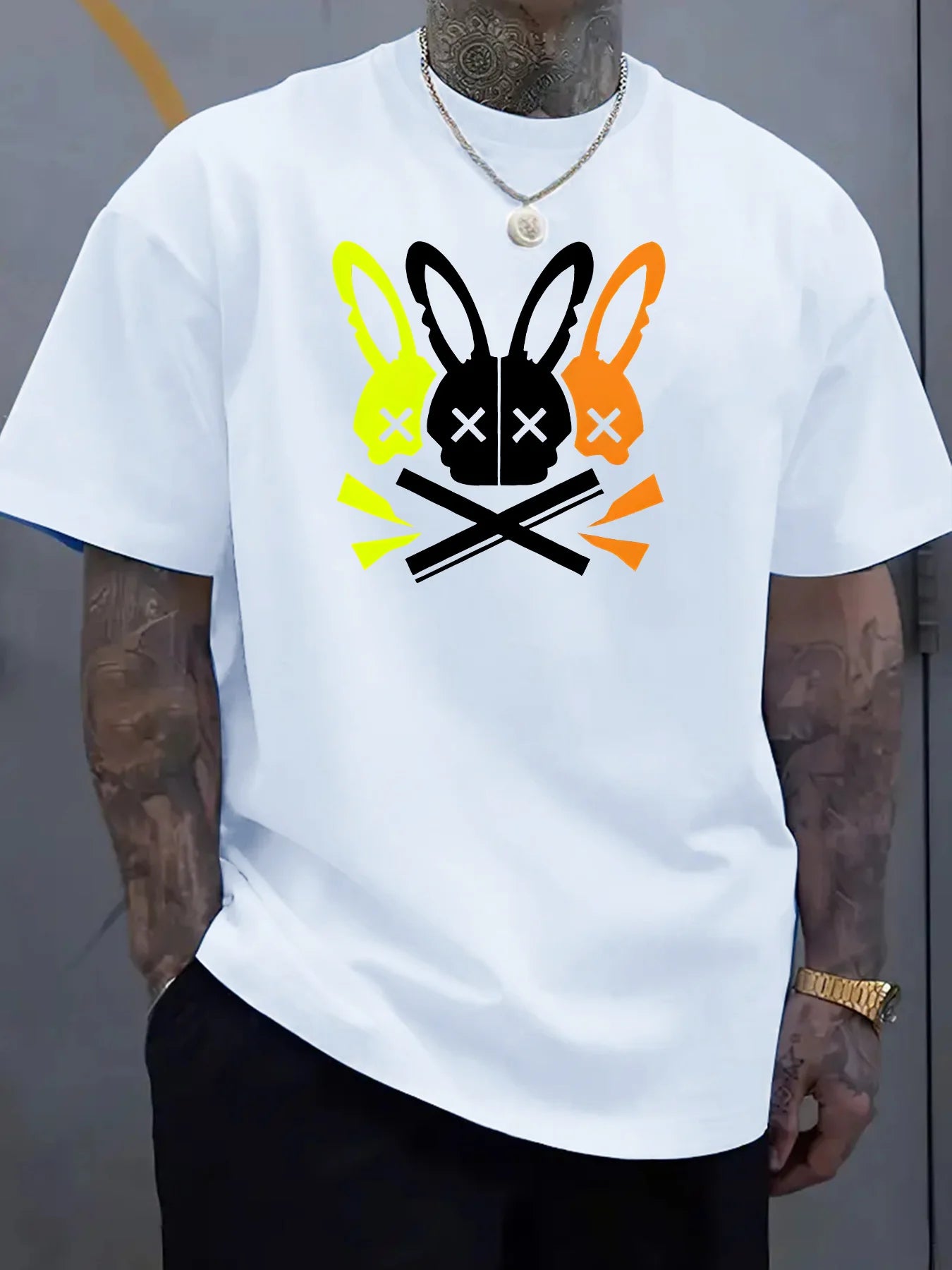 Hommes 100% coton été coupe ample grand lapin crâne graphique imprimé coupe ajustée sport décontracté col rond à manches courtes T-shirt