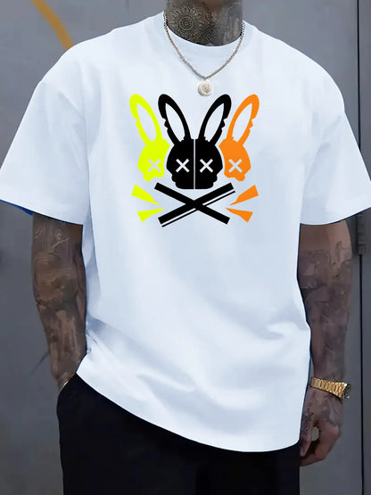 Hommes 100% coton été coupe ample grand lapin crâne graphique imprimé coupe ajustée sport décontracté col rond à manches courtes T-shirt