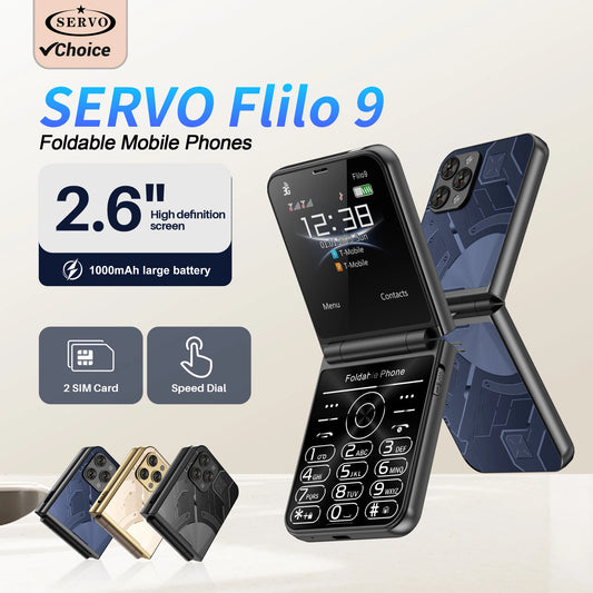 Prix bas Vente SERVO Flilo9 3G Flip téléphone portable 2 carte SIM cadran de vitesse liste noire enregistrement d'appel Radio FM 2.6 pouces téléphone portable pliable MP4