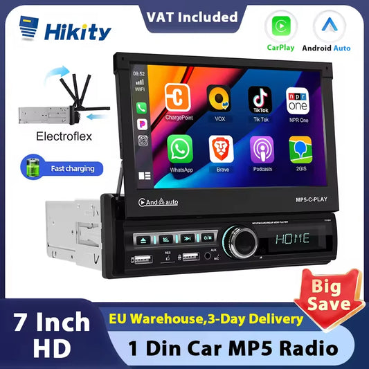 Hikity 7 "écran rétractable motorisé 1DIN Android autoradio lecteur multimédia double Port USB Carplay 1din Autoradio FM