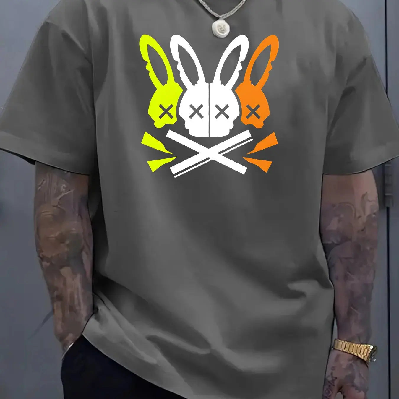 Hommes 100% coton été coupe ample grand lapin crâne graphique imprimé coupe ajustée sport décontracté col rond à manches courtes T-shirt