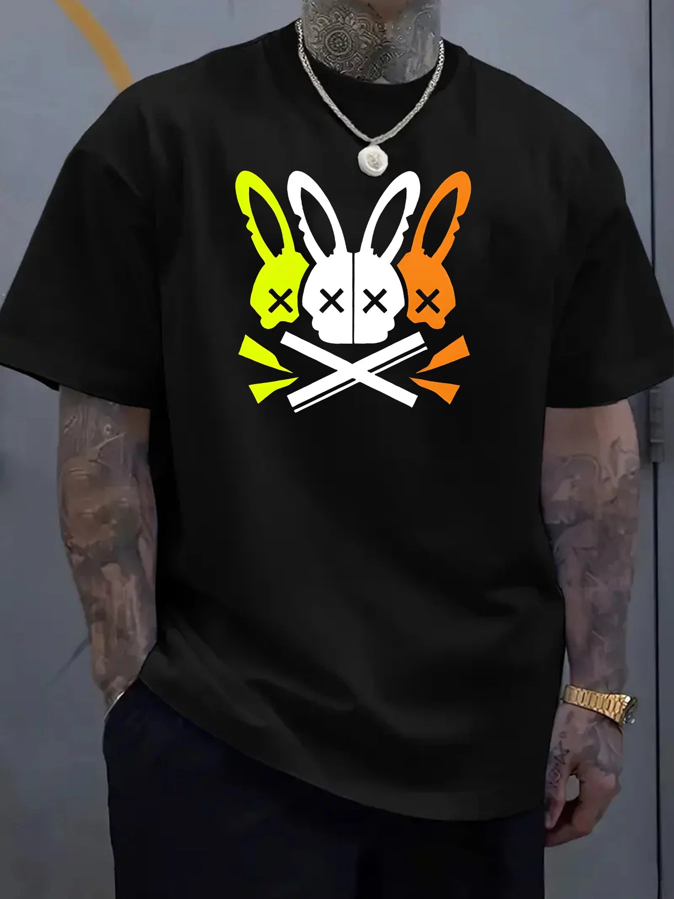 Hommes 100% coton été coupe ample grand lapin crâne graphique imprimé coupe ajustée sport décontracté col rond à manches courtes T-shirt