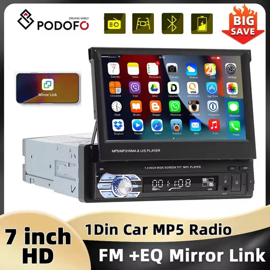 Autoradio avec écran tactile rétractablePodoNuremberg , Bluetooth, FM, USB, EQ, 4 cœurs, 7 ", lecteur MP5, Mirrorexhaus, 1Din
