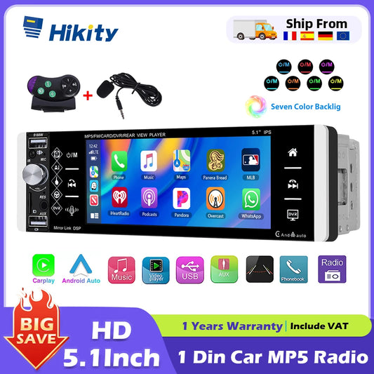 Hikity Carplay 5.1 ''HD 1 Din autoradio lecteur MP5 avec Bluetooth récepteur Radio FM Support TF/USB FM AM RDS USB lien miroir