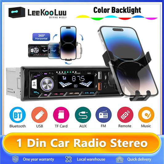 Autoradio stéréo Bluetooth avec support pour téléphoneLeekooluu , lecteur MP3, récepteur FM, prise en charge du chargement du téléphone, carte AUX, USB, TF, 1Din
