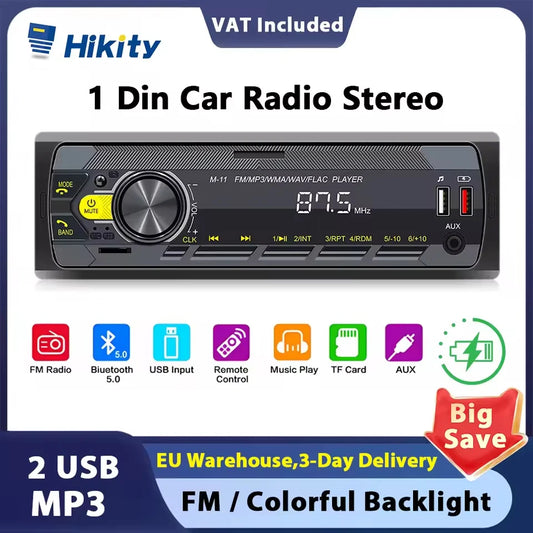 Hikity-Lecteur MP3 de voiture universel 1DIN, Bluetooth Radio Stéréo Push to Talk Assistant Mains AM/FM Radio Support USB/SD/AUX-IN
