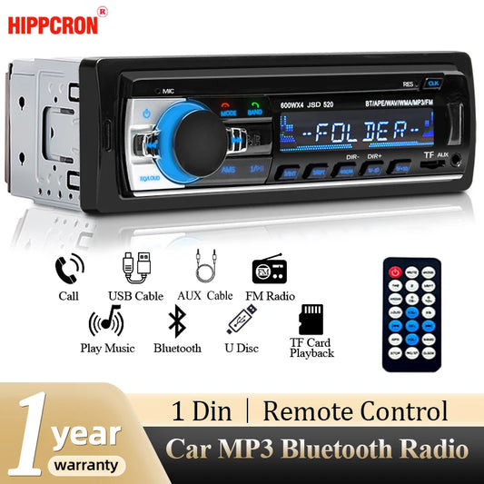 Autoradio Hippcron 1din stéréo multimédia lecteur MP3 numérique Bluetooth FM Audio musique USB avec entrée AUX dans le tableau de bord