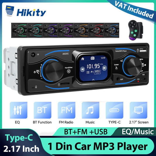 Hikity 2.17 ''1Din lecteur MP3 Bluetooth lecteur multimédia ISO RGB LED éclairage EQ type-c USB volant contrôle voiture stéréo