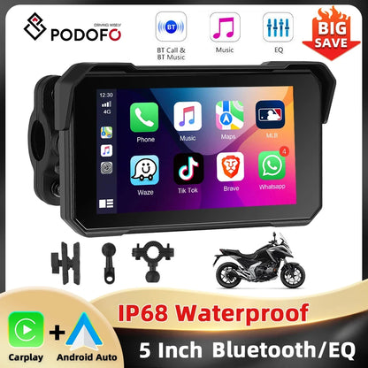 Podofo 5 ''IPS écran moto Carplay Android réglage automatique de la luminosité IP68 étanche Bluetooth 5.0 lecteur d'écran intelligent