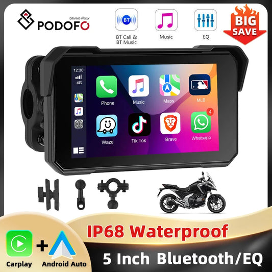Podofo 5 ''IPS écran moto Carplay Android réglage automatique de la luminosité IP68 étanche Bluetooth 5.0 lecteur d'écran intelligent