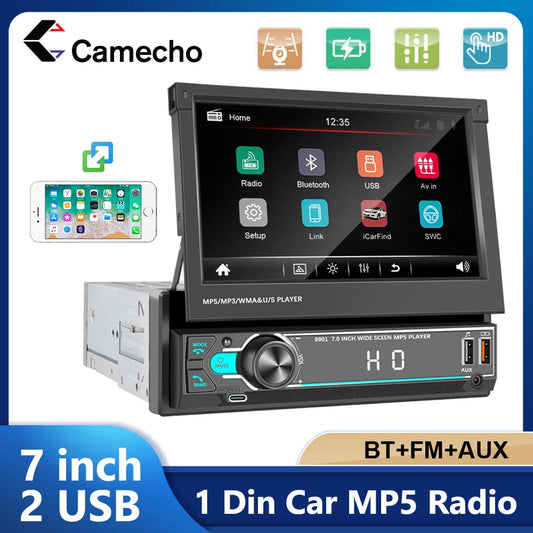 Autoradio 7 ''écran rétractable MP5 lecteur multimédia Camecho 1Din autoradio FM Radio Bluetooth Mirrorlink USB/type-c AUX