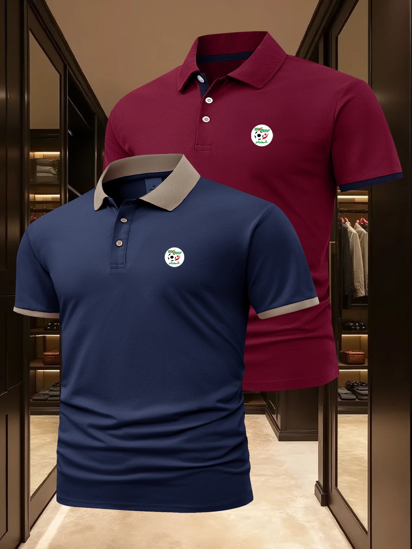 2pcs Men's Algerian Football Team Logo Shirts - Breathable Quick-Dry Moisture-Wicking, Contrast Trim Casual & Business Casual Short Sleeve Tops for Golf, Outdoor, Summer (Light Beige & Dark Grey), Outdoor Golf Apparel, Moistu