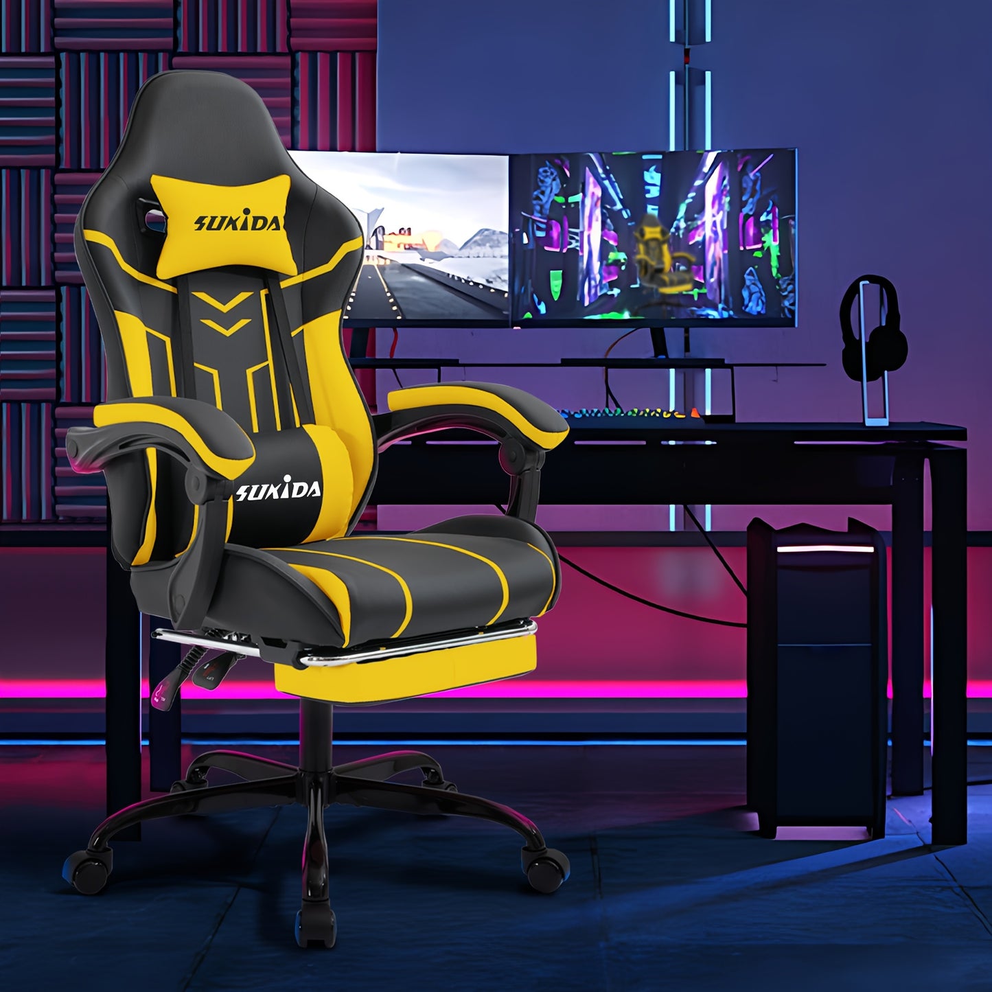 Game Chair With Footstool, Wide Seat Surface, Linked Armrests, High Back, Gaming Chair, PC Chair, 135 ° Lounge Chair, PC Gaming Chair, Silent Caster, Adjustable Height, Computer Chair, Learning Chair, Comfortable Sitting, Si