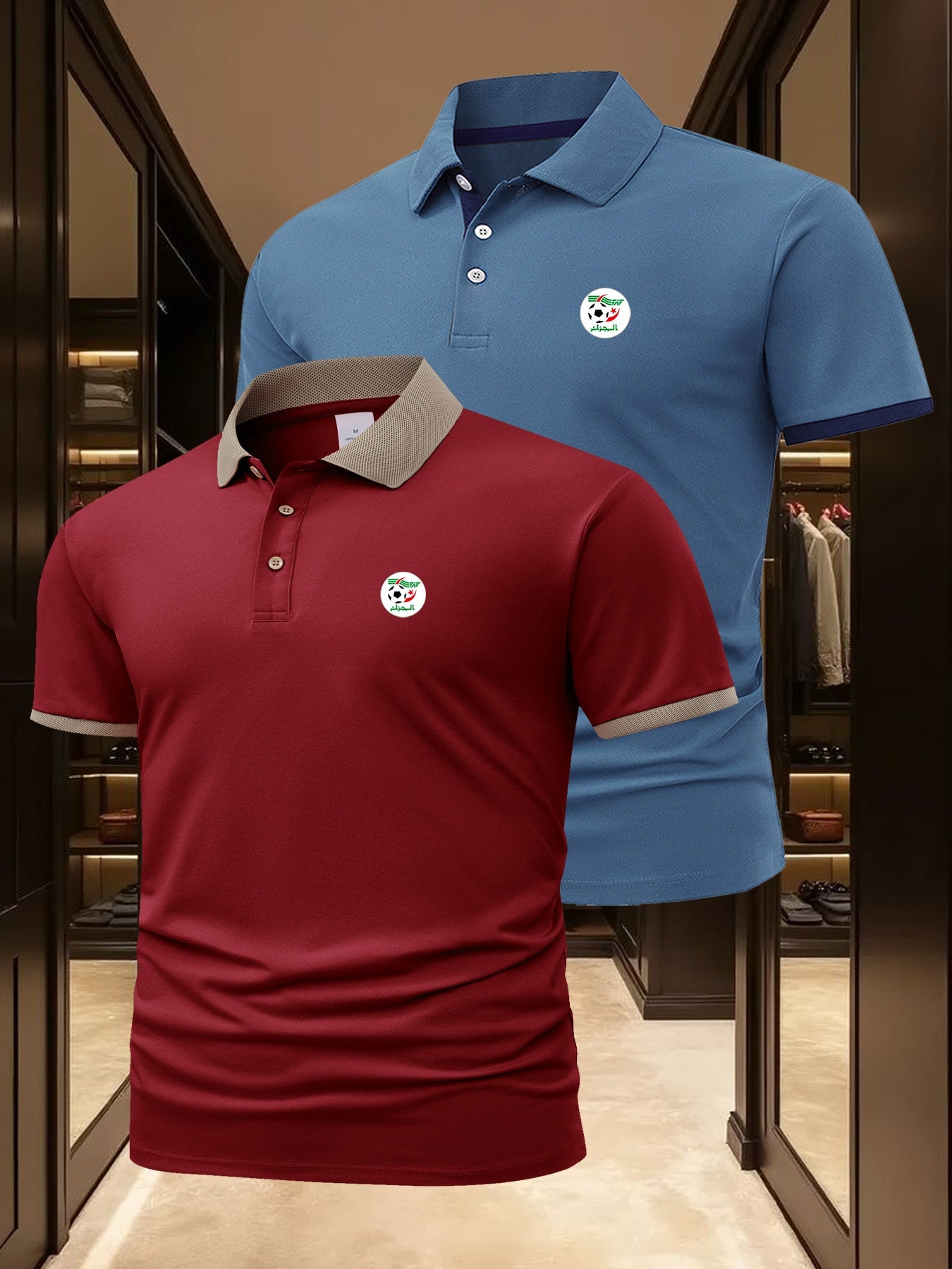 2pcs Men's Algerian Football Team Logo Shirts - Breathable Quick-Dry Moisture-Wicking, Contrast Trim Casual & Business Casual Short Sleeve Tops for Golf, Outdoor, Summer (Light Beige & Dark Grey), Outdoor Golf Apparel, Moistu