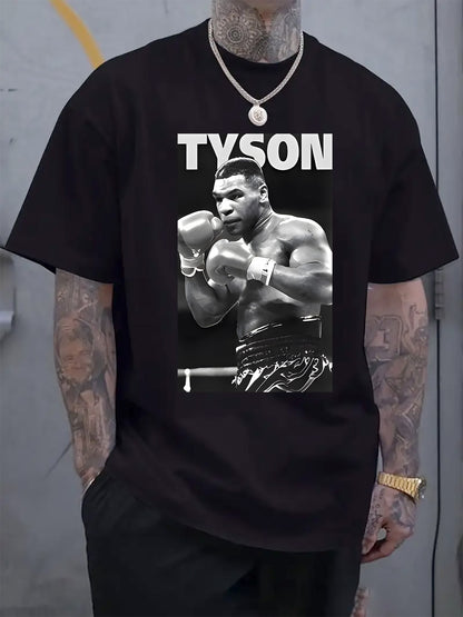 Men'S Black "Tyson" Graphic Boxing Tee - Casual Crew Neck Short Sleeve T-Shirt with Fighter Print, Perfect for Spring & Summer, Casual Wear Tee | Fighter Print Shirt | Comfortable Fit, Boxing Tee