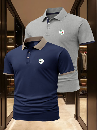 2pcs Men's Algerian Football Team Logo Shirts - Breathable Quick-Dry Moisture-Wicking, Contrast Trim Casual & Business Casual Short Sleeve Tops for Golf, Outdoor, Summer (Light Beige & Dark Grey), Outdoor Golf Apparel, Moistu