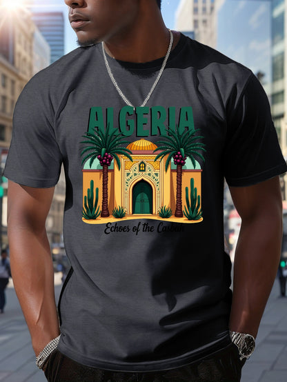 Men's Algeria Casbah Mosaic Architecture Print T-Shirt - Vibrant Geometric Cultural Design, Breathable Short Sleeve Summer Tee, Regular Fit Casual Top, Machine Washable, Streetwear Fashion, Artistic Tee, Durable Construction,
