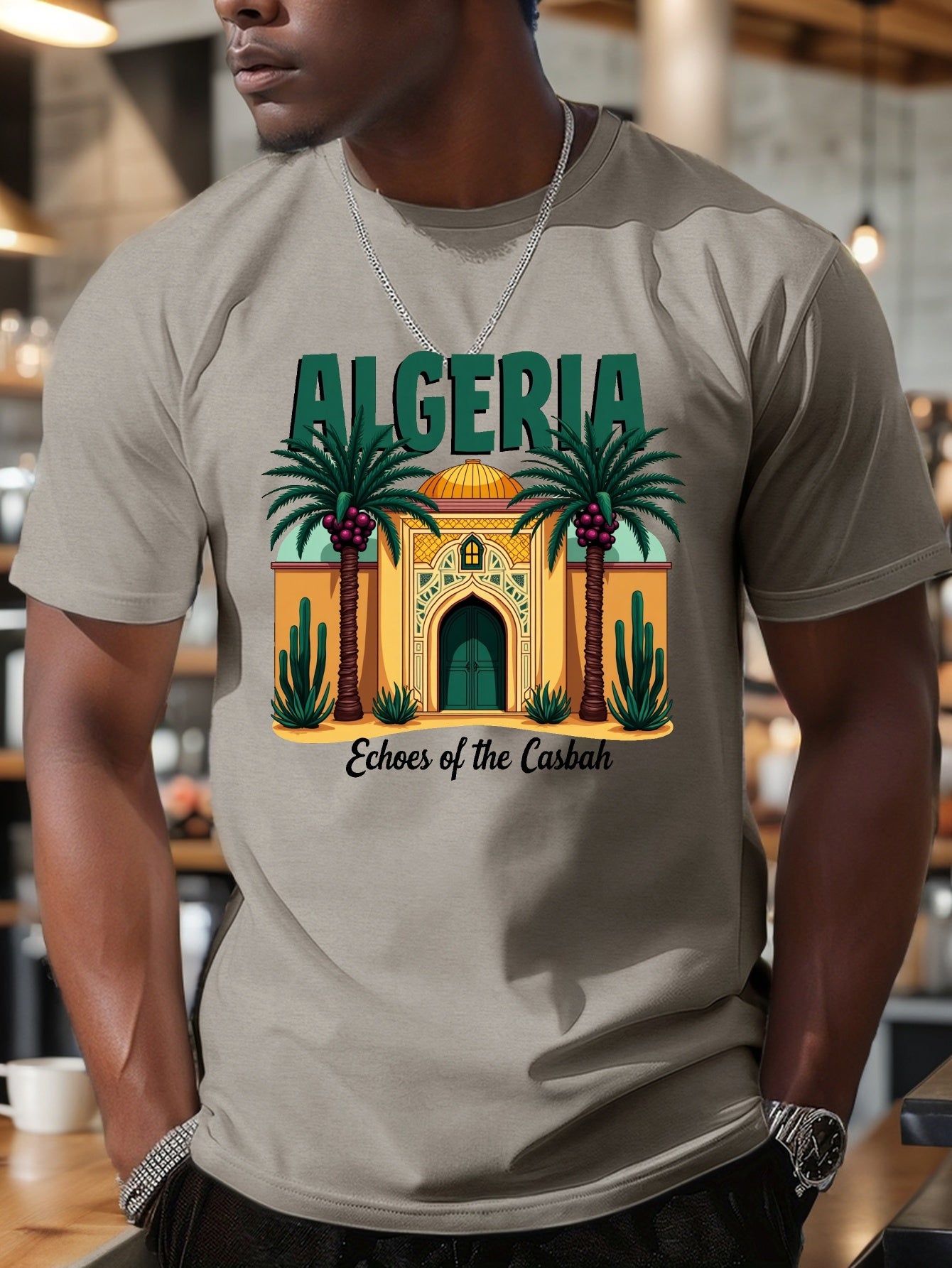 Men's Algeria Casbah Mosaic Architecture Print T-Shirt - Vibrant Geometric Cultural Design, Breathable Short Sleeve Summer Tee, Regular Fit Casual Top, Machine Washable, Streetwear Fashion, Artistic Tee, Durable Construction,