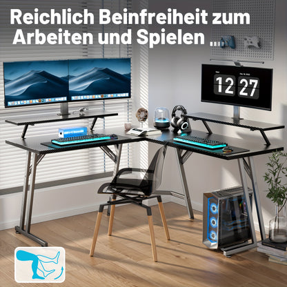 HLONONE 51-inch (130x130cm) Large L-Shaped Gaming Desk with RGB LED Lighting, USB-Powered Corner Computer Desk with Monitor Stand, Spacious Workstation for PC, Office & Study, Easy Assembly, Sturdy Hardwood-like Construction,