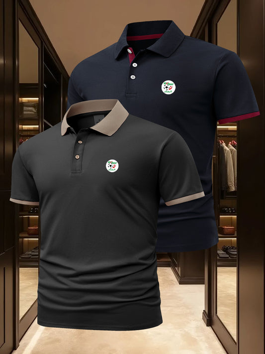 2pcs Men's Algerian Football Team Logo Shirts - Breathable Quick-Dry Moisture-Wicking, Contrast Trim Casual & Business Casual Short Sleeve Tops for Golf, Outdoor, Summer (Light Beige & Dark Grey), Outdoor Golf Apparel, Moistu