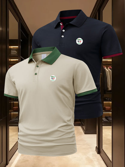 2pcs Men's Algerian Football Team Logo Shirts - Breathable Quick-Dry Moisture-Wicking, Contrast Trim Casual & Business Casual Short Sleeve Tops for Golf, Outdoor, Summer (Light Beige & Dark Grey), Outdoor Golf Apparel, Moistu