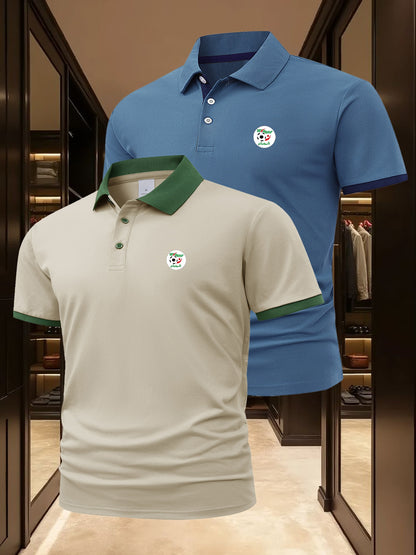 2pcs Men's Algerian Football Team Logo Shirts - Breathable Quick-Dry Moisture-Wicking, Contrast Trim Casual & Business Casual Short Sleeve Tops for Golf, Outdoor, Summer (Light Beige & Dark Grey), Outdoor Golf Apparel, Moistu