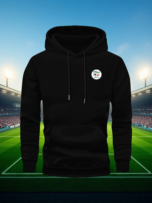 Men'S Algeria National Team Inspired Hoodie - Thickened Winter Pullover with Kangaroo Pocket, Windproof Hooded Sweatshirt for Soccer Fans, Casual Sports Apparel in Black/Red/White Color Scheme - Ideal for Matches & Casual Att
