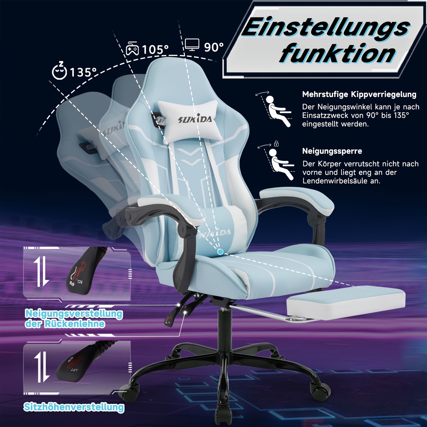 Game Chair With Footstool, Wide Seat Surface, Linked Armrests, High Back, Gaming Chair, PC Chair, 135 ° Lounge Chair, PC Gaming Chair, Silent Caster, Adjustable Height, Computer Chair, Learning Chair, Comfortable Sitting, Si