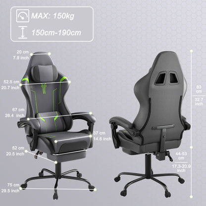 Gaming Chair Ergonomic With Adjustable Lumbar Cushion & Headrest Cushion & Armrests & Footrest Office Chair PC Computer Chair 135° Tilt Racing Gamer Chair, 150 Kg Load Capacity