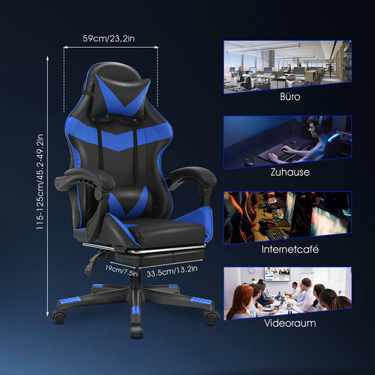 Ergonomic Gaming Chair - Black & Blue, Height Adjustable, Reclining Backrest, Swivel E-Sports Chair With Lumbar Support For Home & Office
