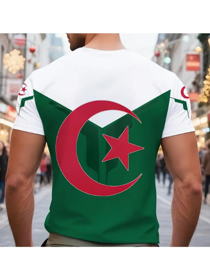 Men'S Algeria Soccer Jersey T-Shirt - Green & White 3D Print, Street Style Regular Fit, Breathable Fabric for Casual & Sporty Wear, Soccer Shirts, Fan Apparel, Bold Graphic Tee, Durable Fabric