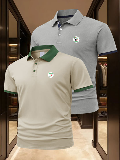 2pcs Men's Algerian Football Team Logo Shirts - Breathable Quick-Dry Moisture-Wicking, Contrast Trim Casual & Business Casual Short Sleeve Tops for Golf, Outdoor, Summer (Light Beige & Dark Grey), Outdoor Golf Apparel, Moistu