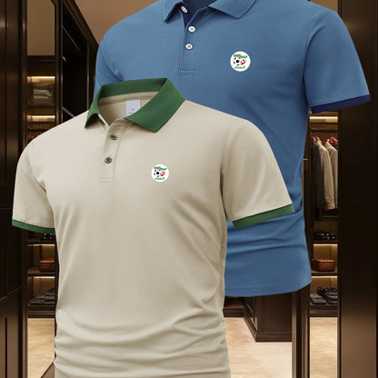 2pcs Men's Algerian Football Team Logo Shirts - Breathable Quick-Dry Moisture-Wicking, Contrast Trim Casual & Business Casual Short Sleeve Tops for Golf, Outdoor, Summer (Light Beige & Dark Grey), Outdoor Golf Apparel, Moistu